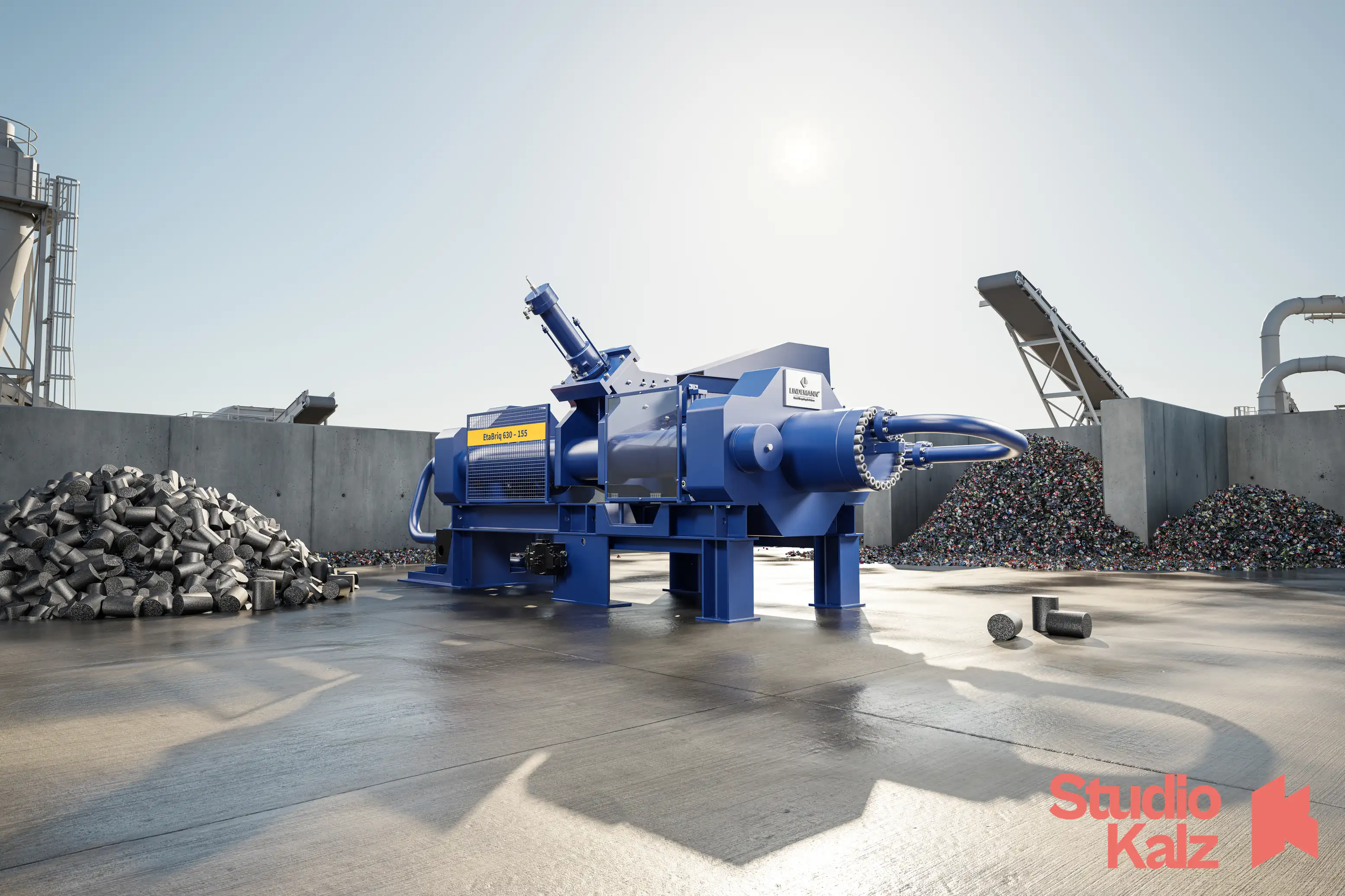 Lindemann Eta Briq Brikettierpresse als 3D-Milieurendering auf dem Schrottplatz – STUDIO KALZ