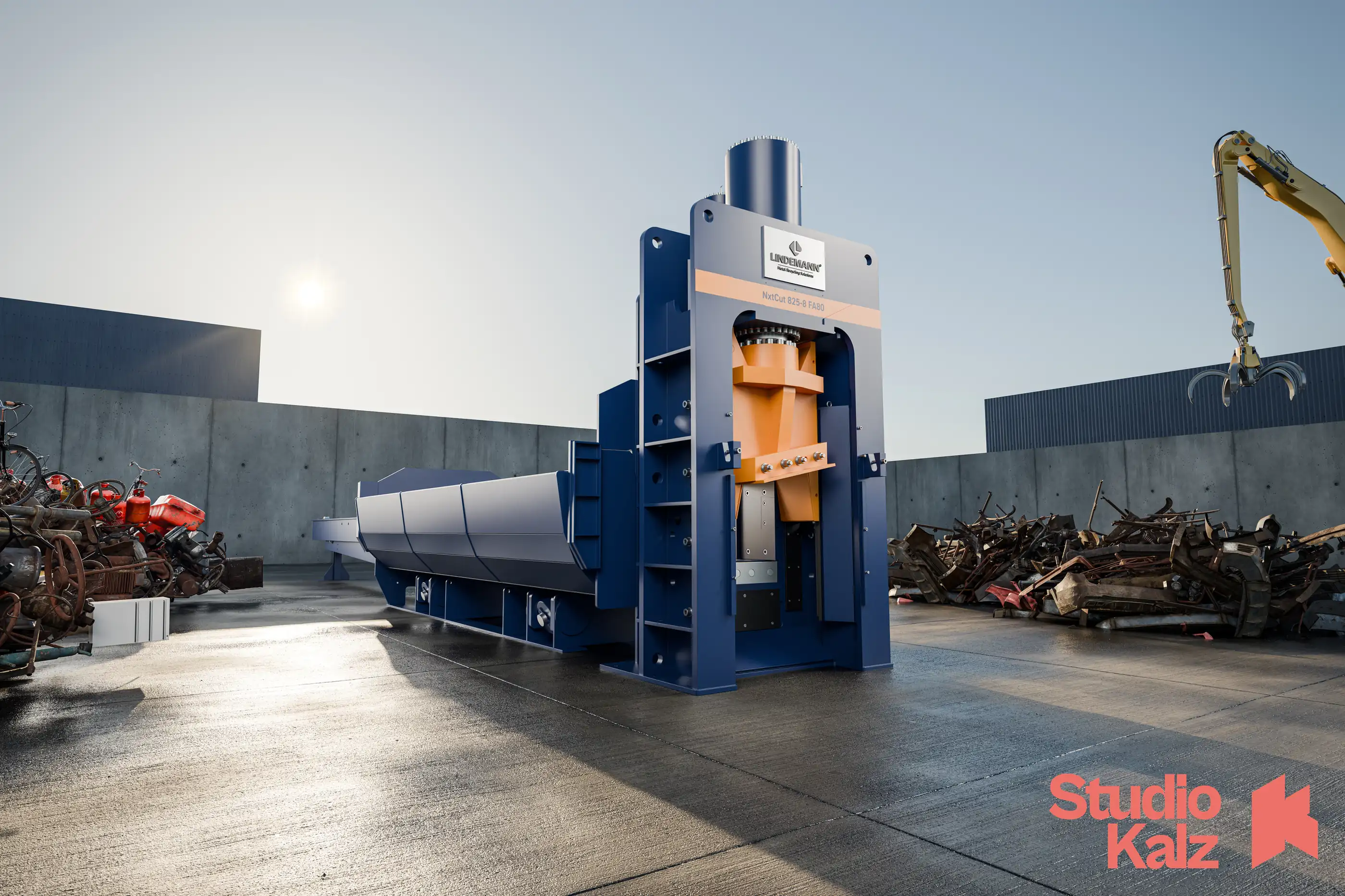 Lindemann NxtCut Wing Schrottschere als 3D-Milieurendering auf dem Schrottplatz – STUDIO KALZ