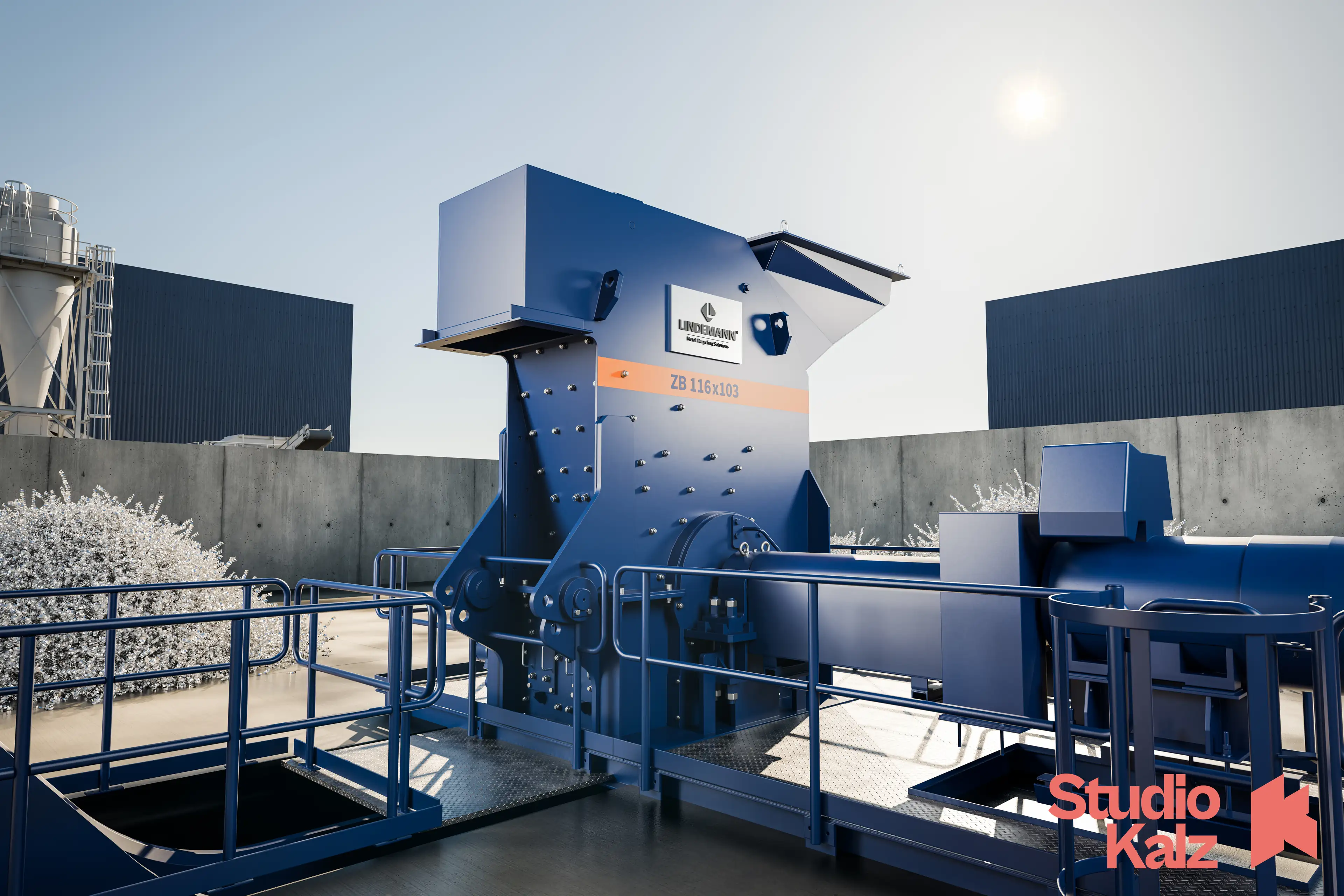 Lindemann ZB Schrottrecycling-Maschine als 3D-Milieurendering auf dem Schrottplatz – STUDIO KALZ