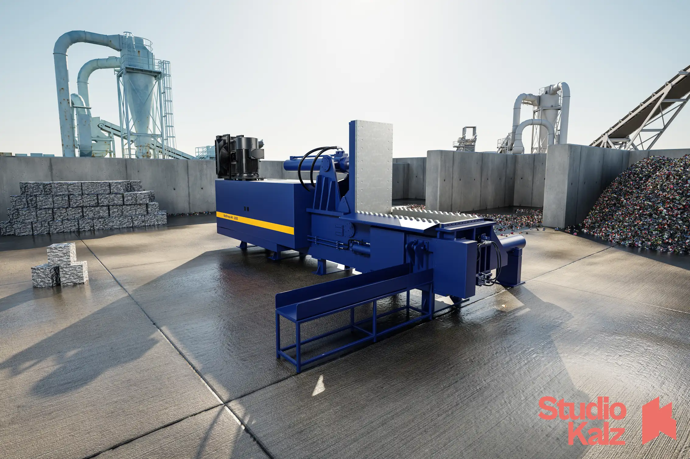 Lindemann NxtPress Schrottpresse als 3D-Milieurendering auf dem Schrottplatz – STUDIO KALZ