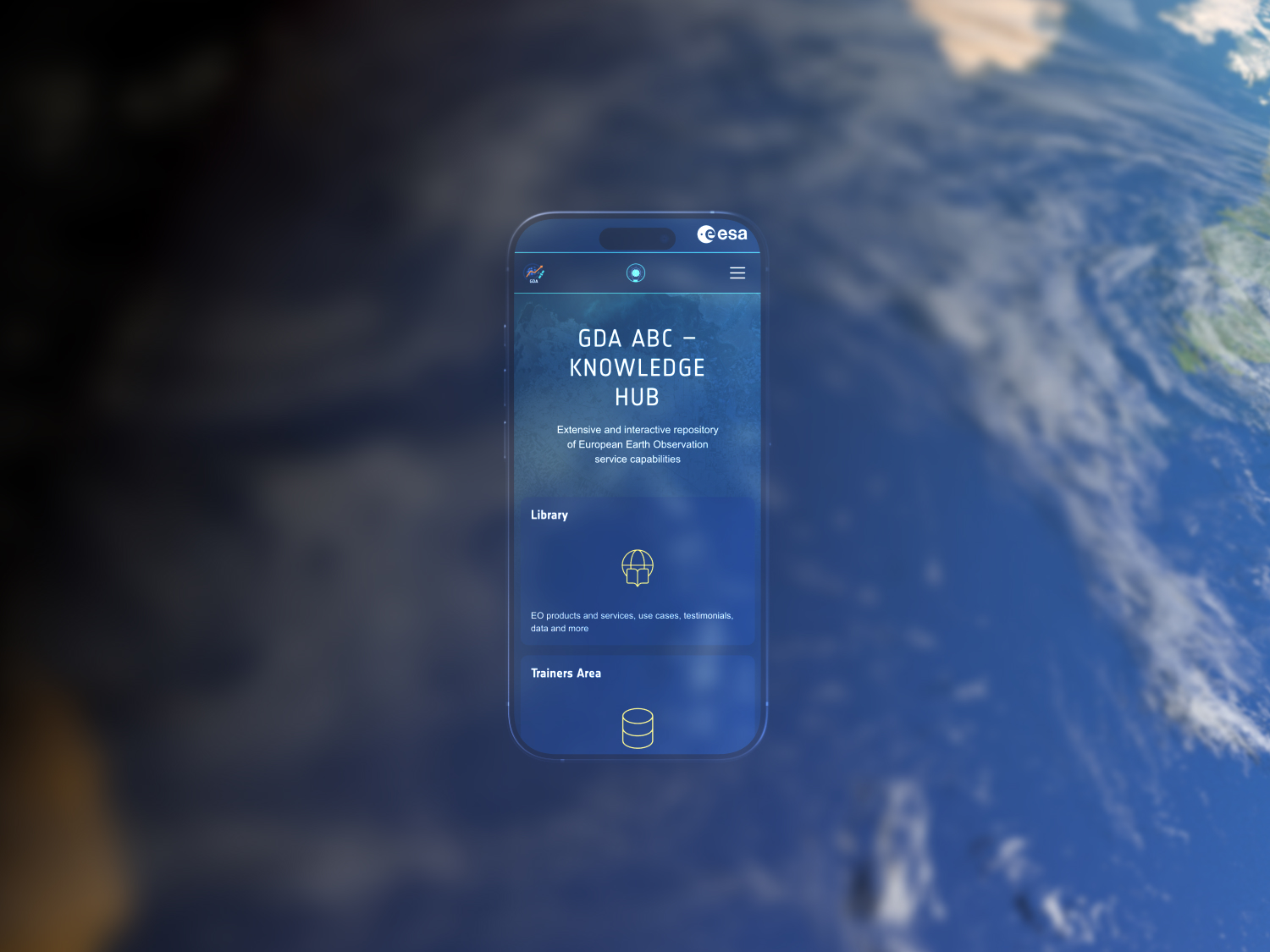 Smartphone screen showing ESA's GDA ABC Knowledge Hub for European Earth Observation services.