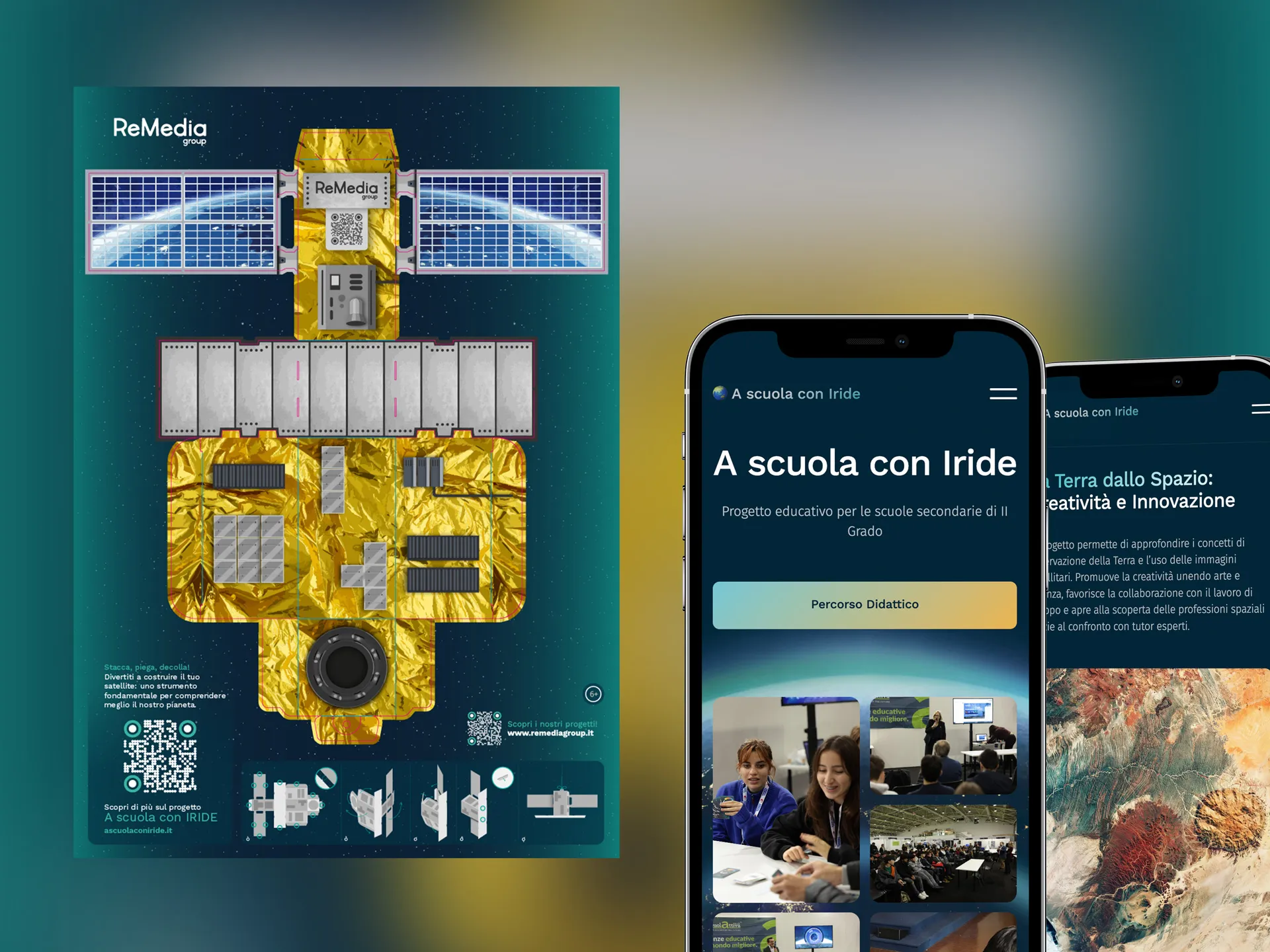 Copertina del progetto, modello del satellite cartaceo e mockup del sito