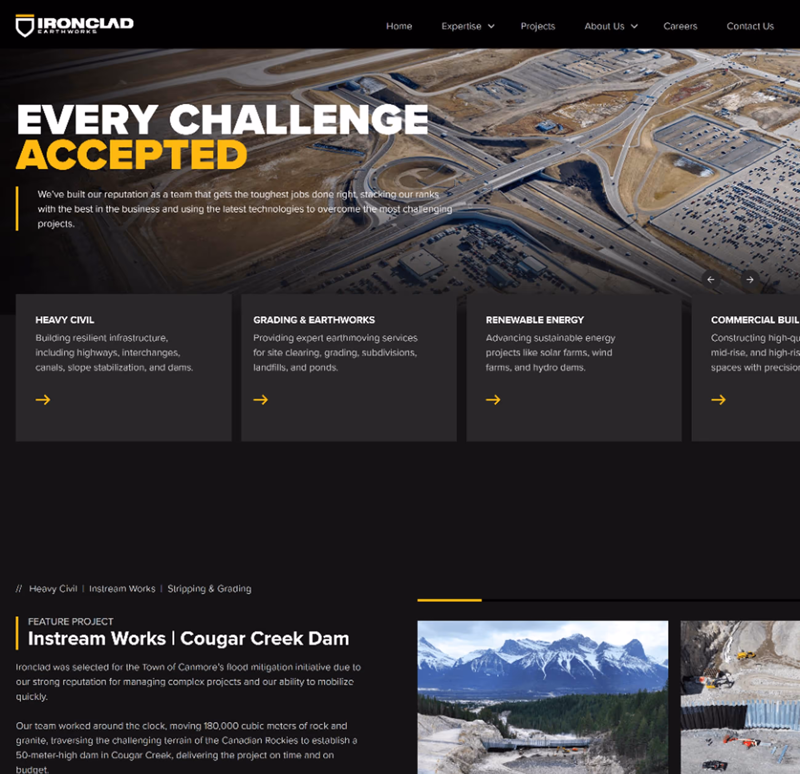 Aerial view of highway interchange with text overlay about Ironclad Earthworks' expertise in heavy civil, grading, renewable energy, and commercial building projects.