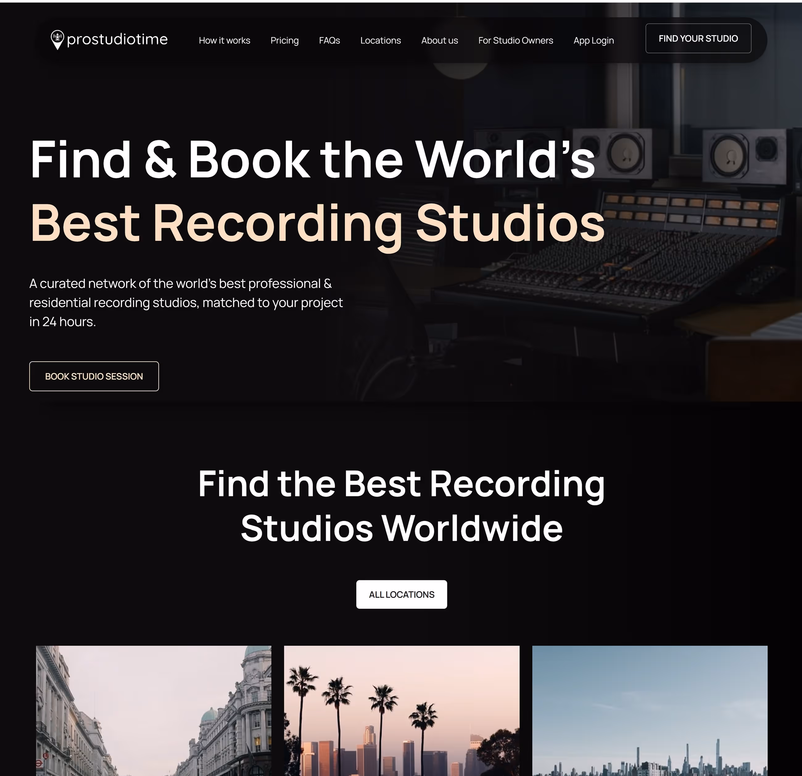 Website homepage for Pro Studio Time showing a recording studio console and text about booking the world’s best recording studios.