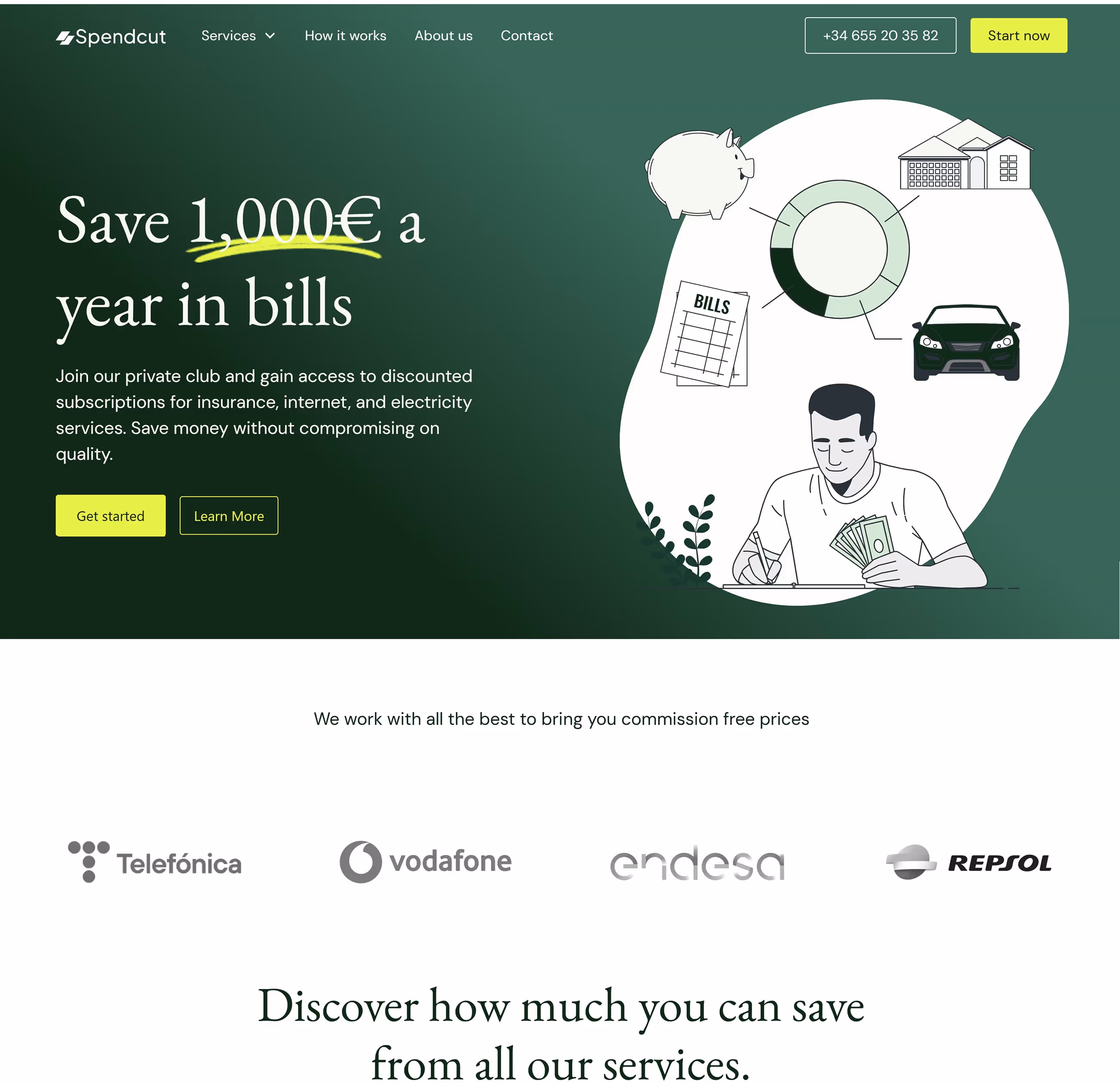 Spendcut webpage with offer to save 1,000 euros a year on bills, showing icons of piggy bank, house, car, bills, and a man holding money, with buttons to Get started and Learn More.