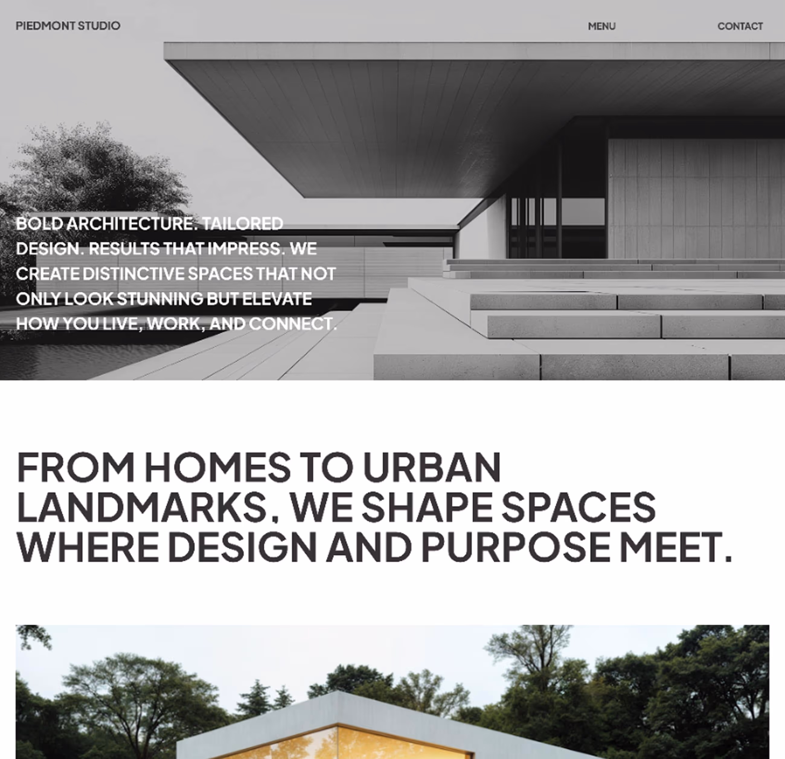 Modern architecture with sharp lines featuring a covered patio and tiered steps next to a tree.