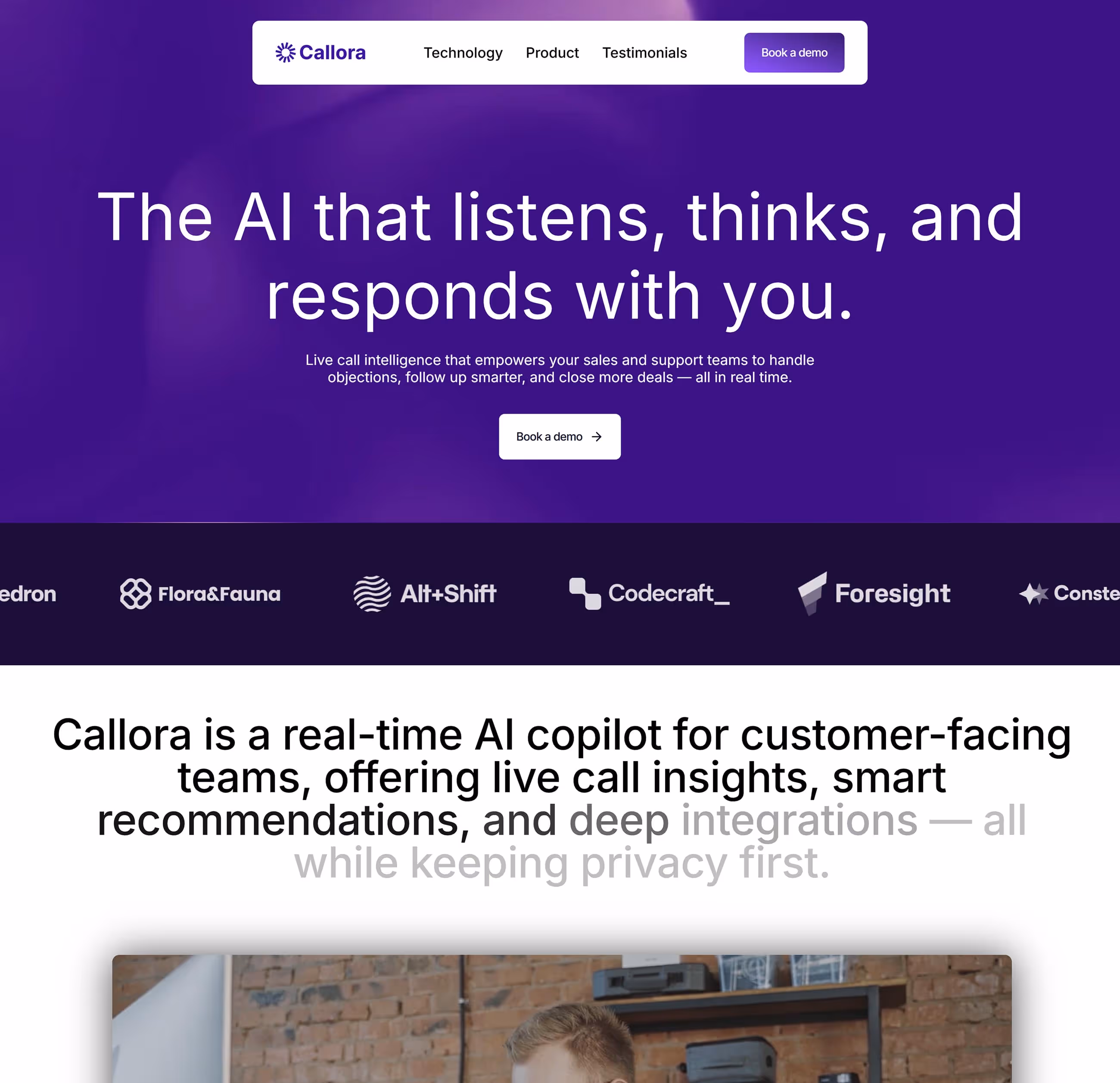 Website homepage for Callora showing AI-powered call intelligence services with navigation menu and partner logos.