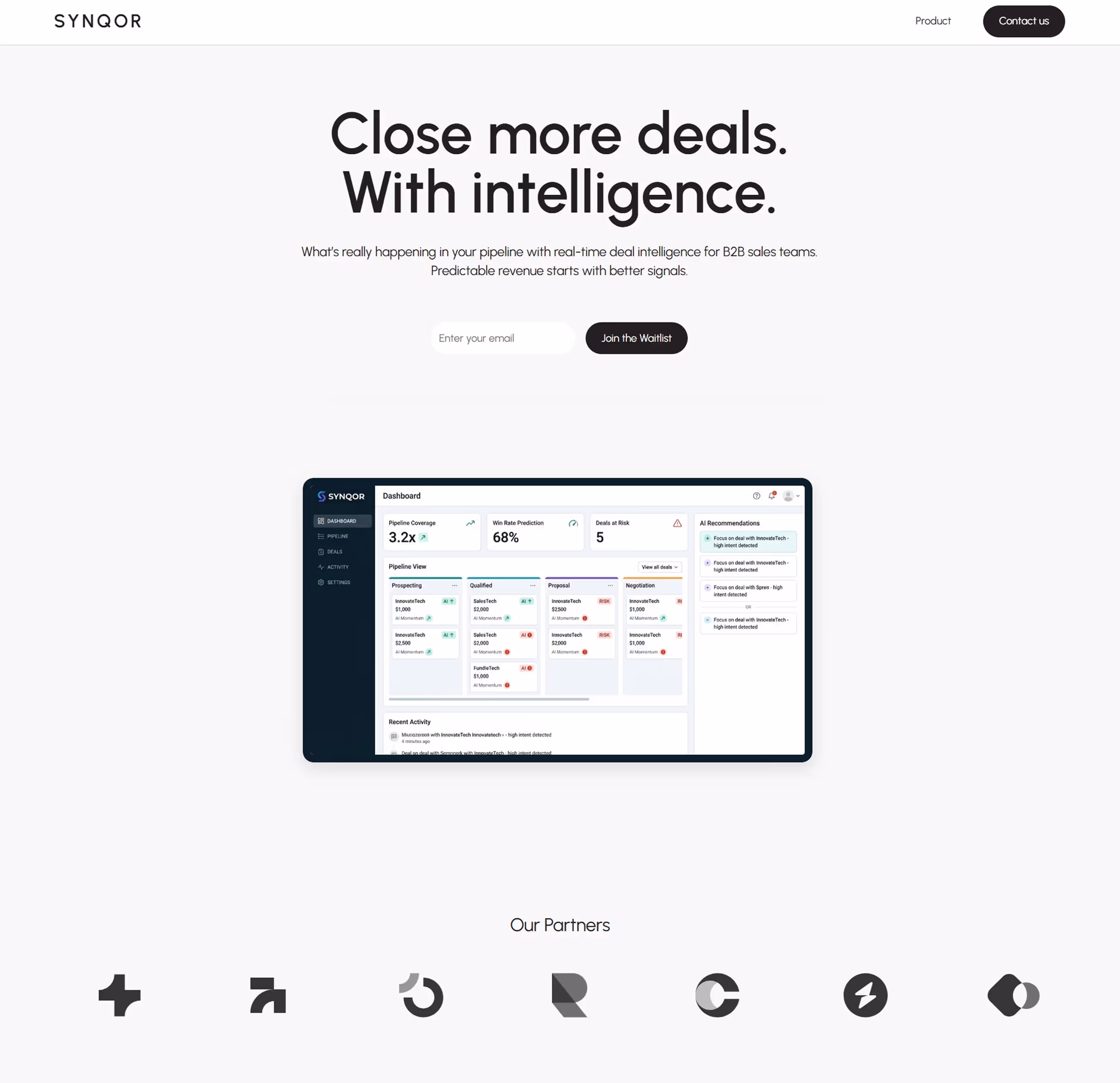 Synqor homepage with headline 'Close more deals. With intelligence.', email sign-up field, dashboard screenshot displaying sales pipeline metrics, and partner logos at the bottom.