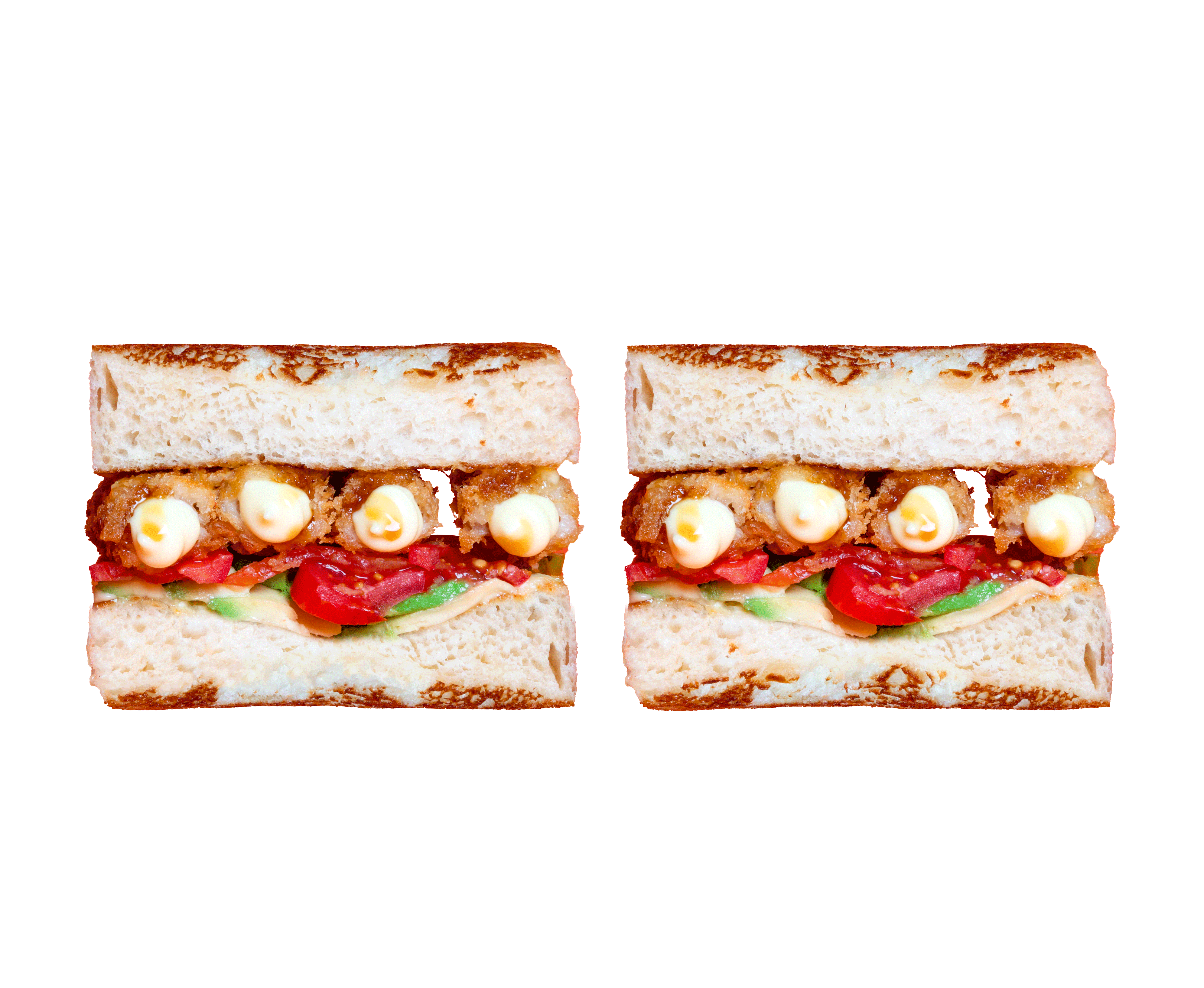 KATSU SANDO CON GAMBERI IN TEMPURA, AVOCADO, POMODORINI, MAYO AGLI AGRUMI E TERIYAKI