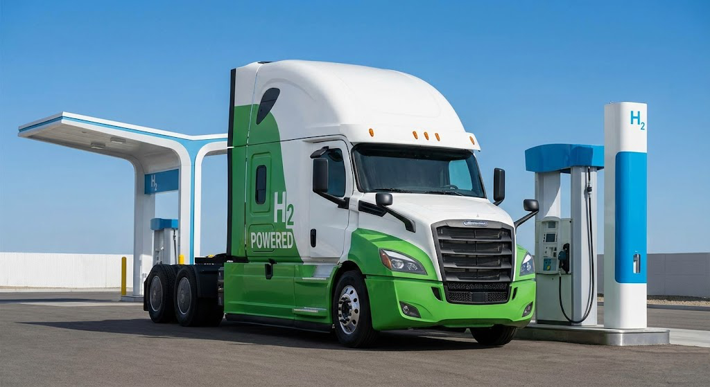 Hydrogen truck being refueled.