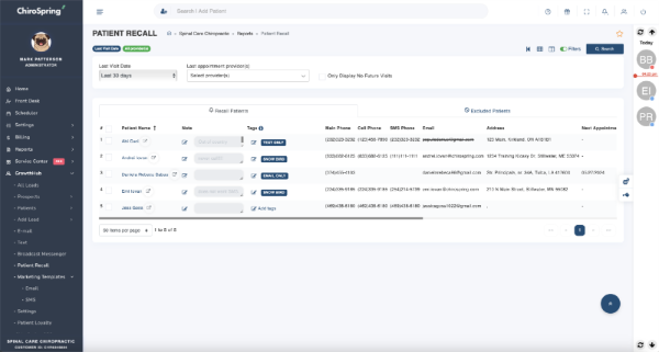 ChiroSpring’s Patient Recall dashboard showing a list of patients, contact details, tags, and filters for managing follow-up., Picture