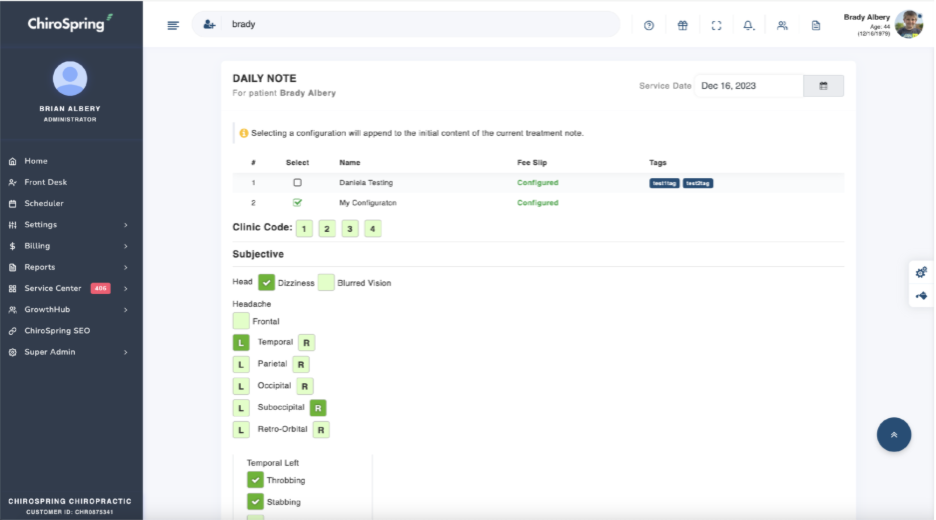 ChiroSpring’s daily note with an Advanced Ditto configuration applied, showing pre-filled subjective findings for faster charting.