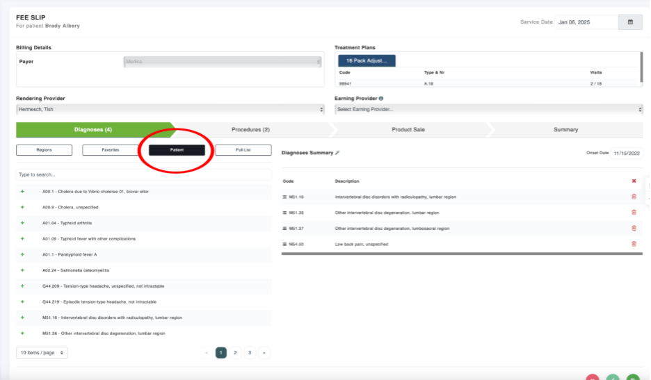 ChiroSpring’s fee slip showing the Patient tab selected in the Diagnoses section, with diagnosis codes listed and a summary on the right.