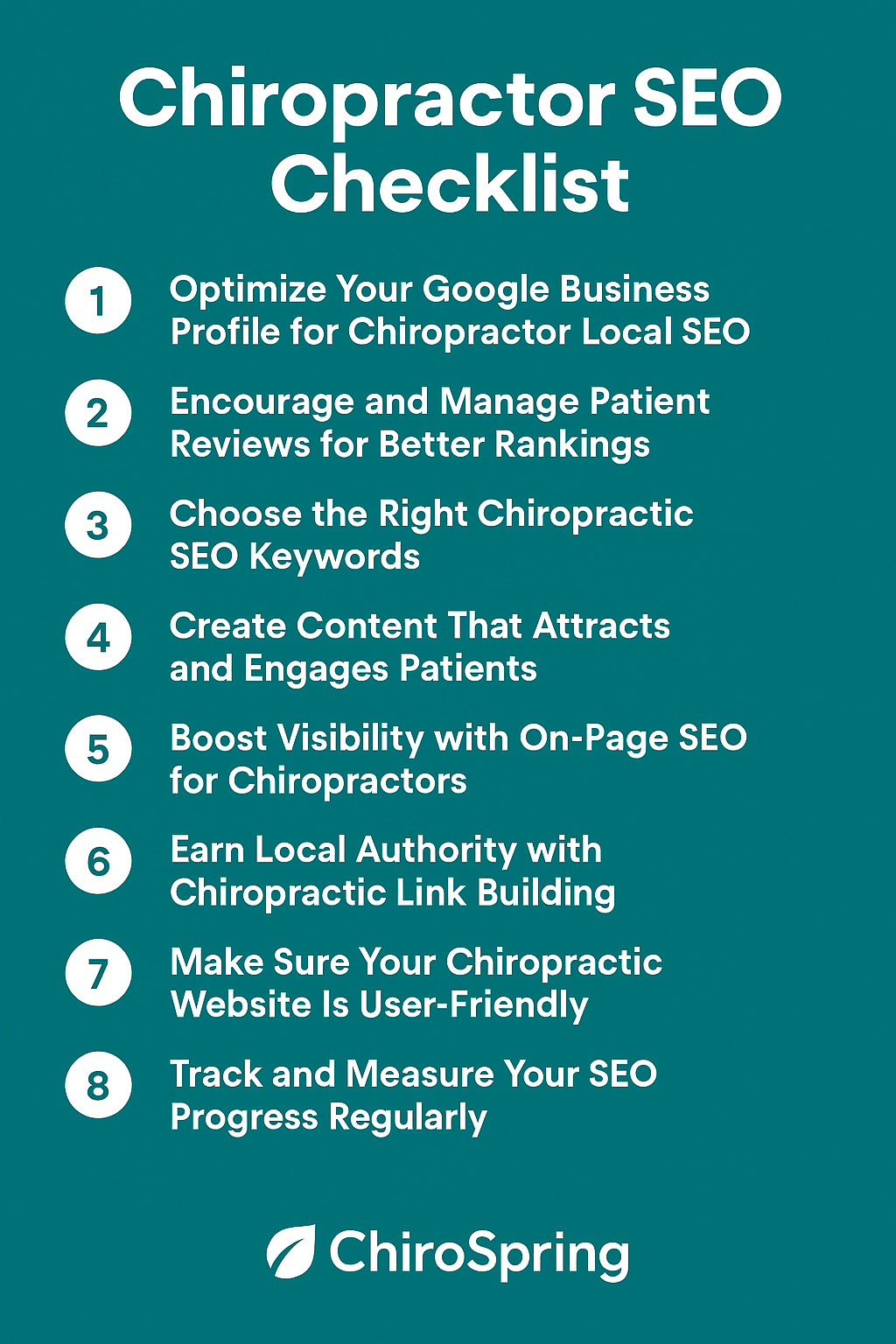 Chiropractor SEO checklist graphic showing best practices: optimize Google Business Profile, encourage patient reviews, choose keywords carefully, create engaging content, improve on-page SEO, build backlinks, ensure user-friendly website, and track SEO progress.