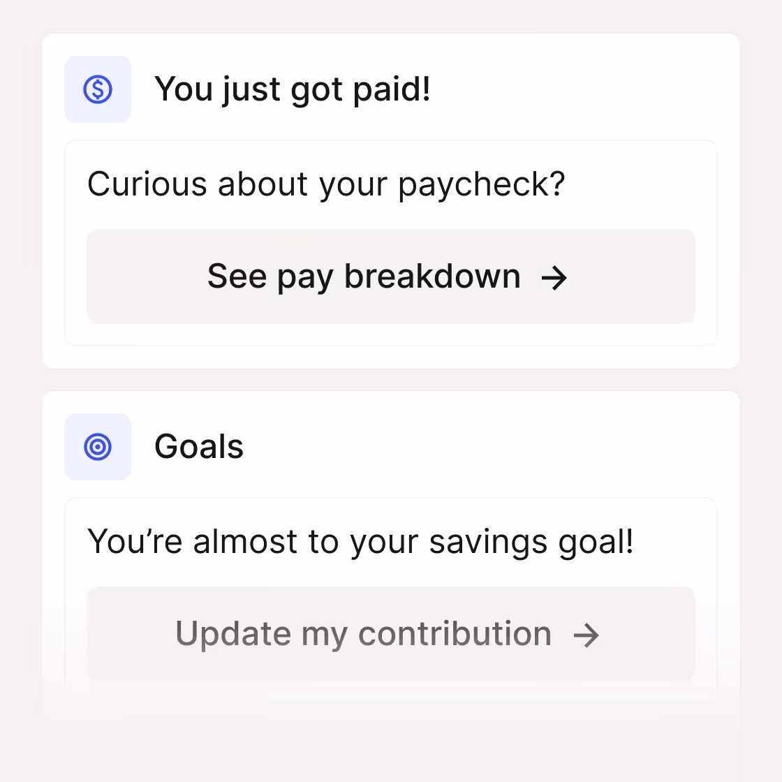 A series of UIs showing employee financial wellness goals.