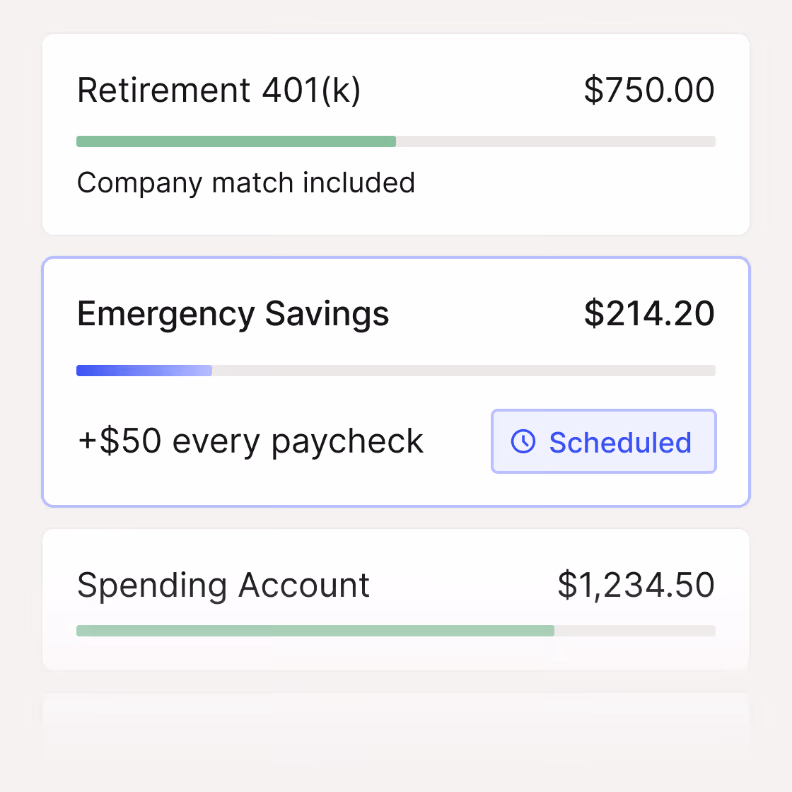A series of UIs showing an employees savings across accounts.
