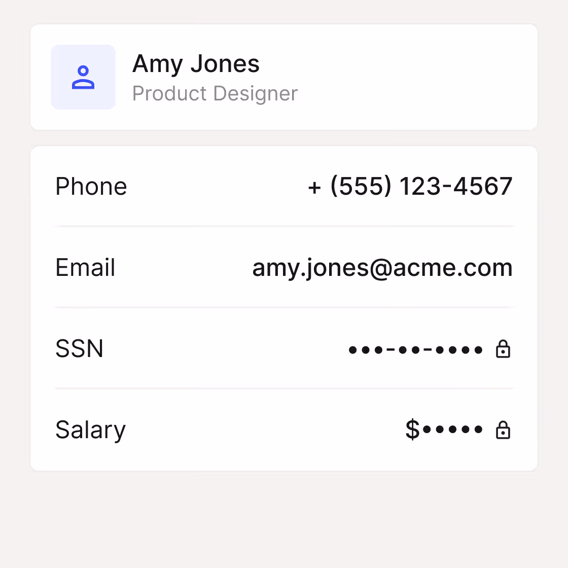 An employee profile with SSN and salary data hidden.