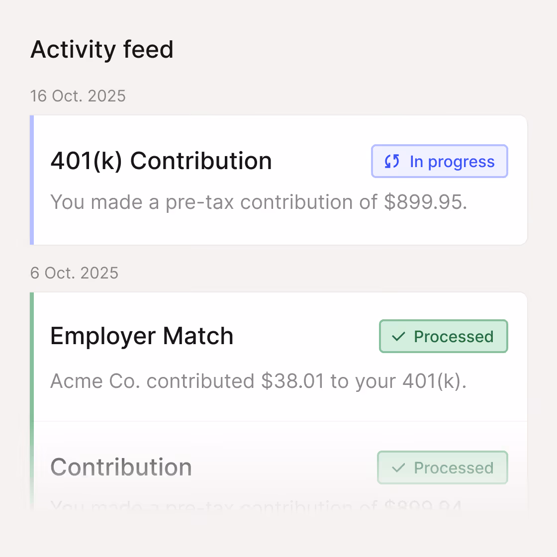 An activity feed showing payroll contributions and deductions.