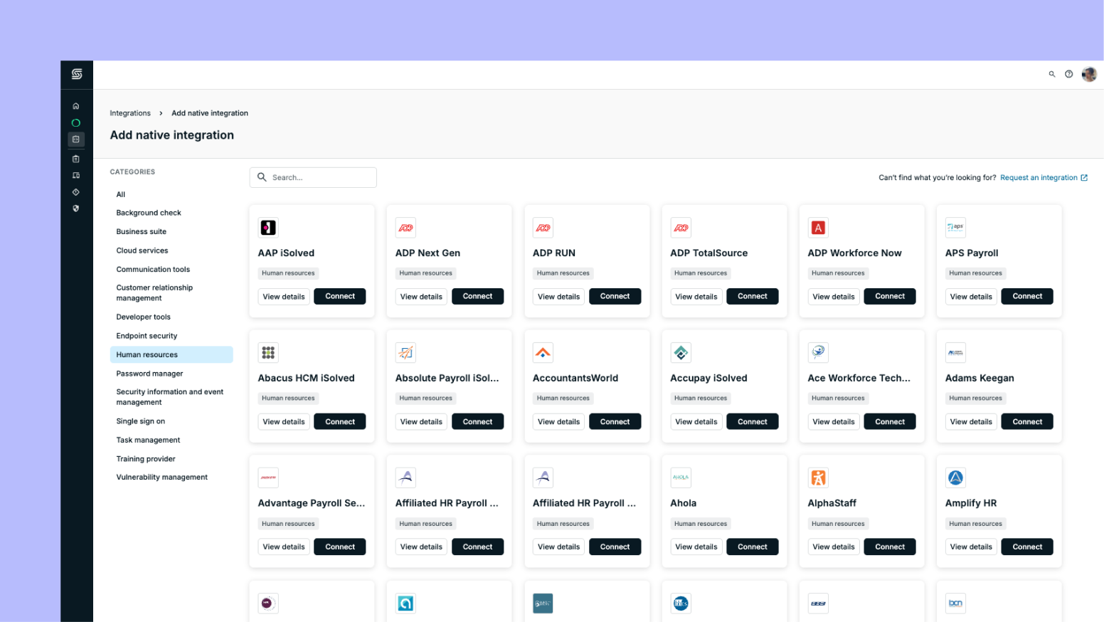 A screenshot of the integration marketplace inside the Secureframe app.