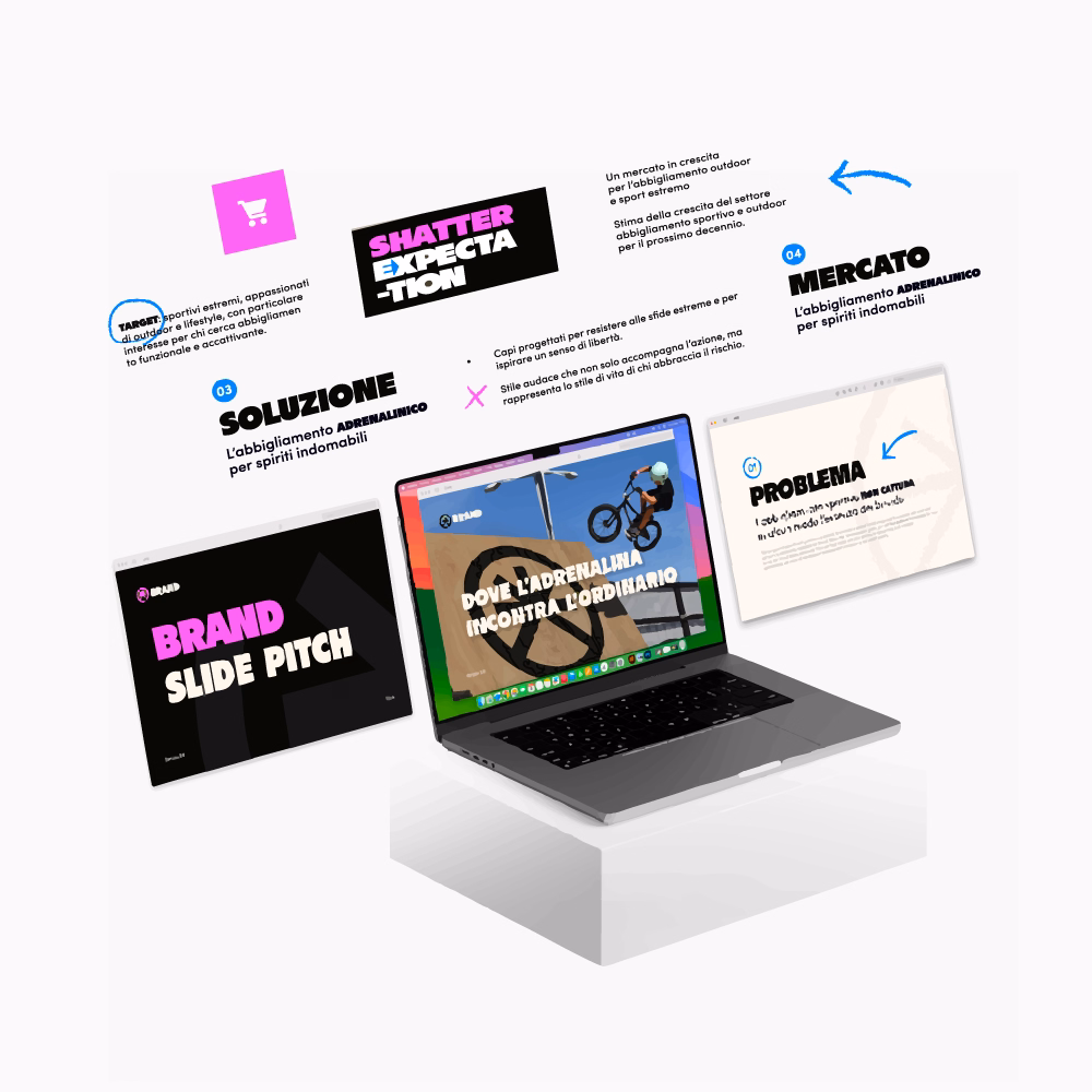 Immagine di mockup  di elementi legati alla Brand Identity: Slide Pitch.