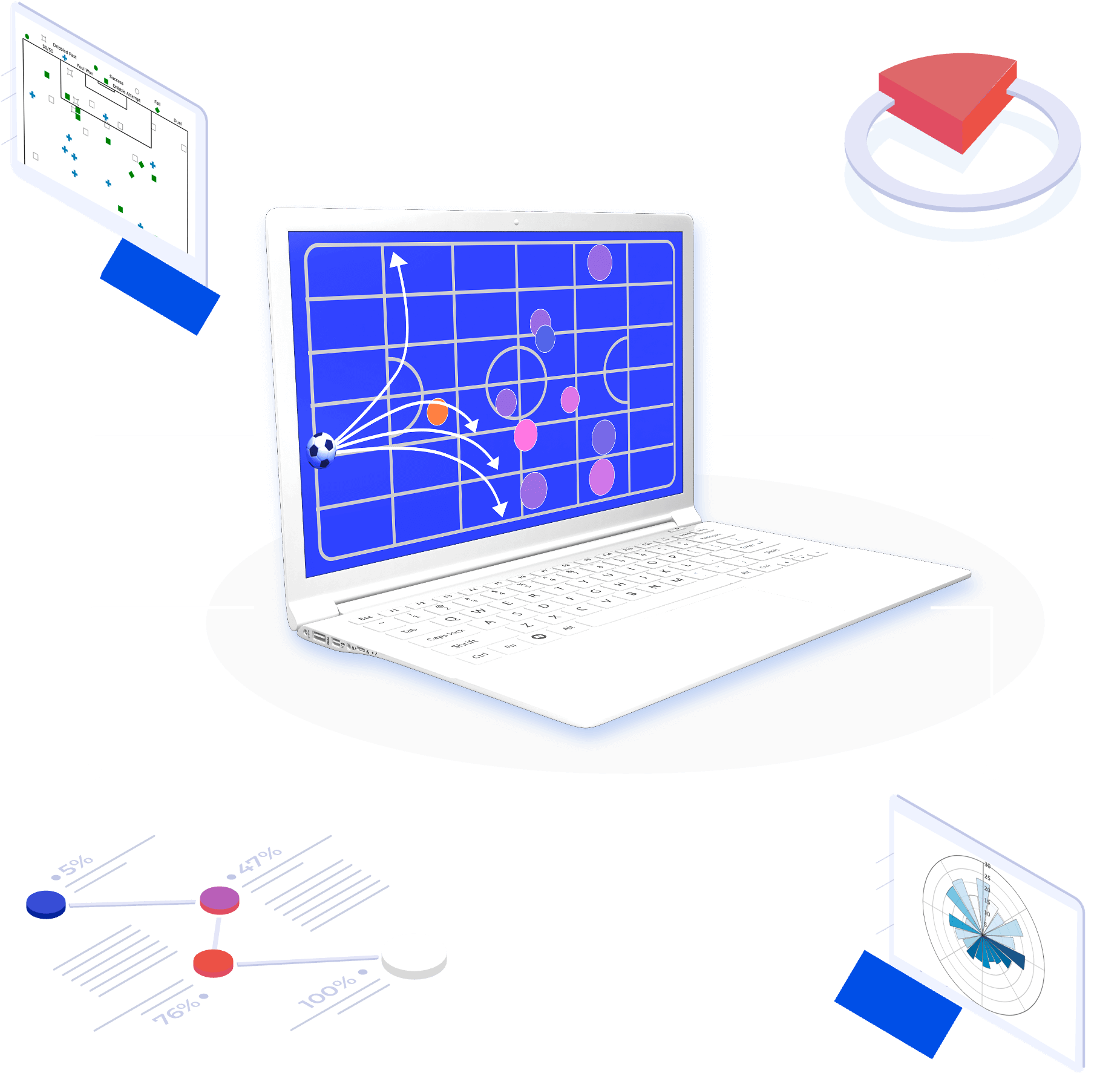 White laptop with a bunch of graphics and data being displayed around each corner.