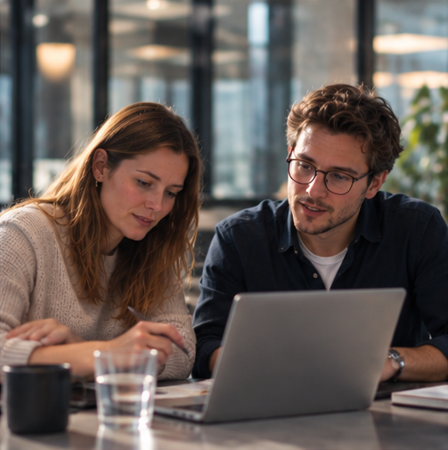 Zwei Mitarbeitende tauschen sich im Büro über ihre Weiterbildung aus