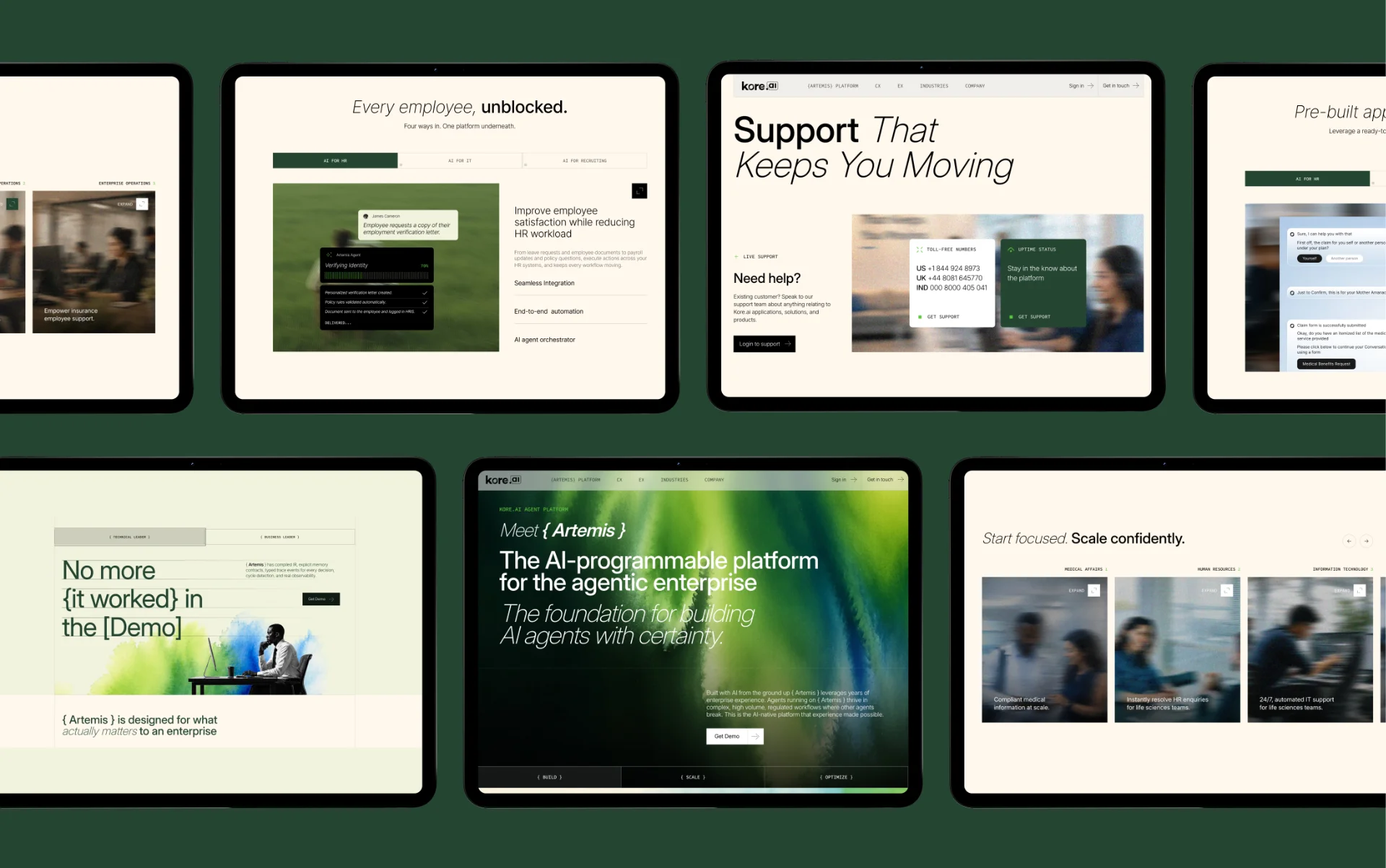 Översikt av Kore.ai:s webbplats med olika sidlayouter, AI-tjänster och responsiv webbdesign utvecklad i Webflow.