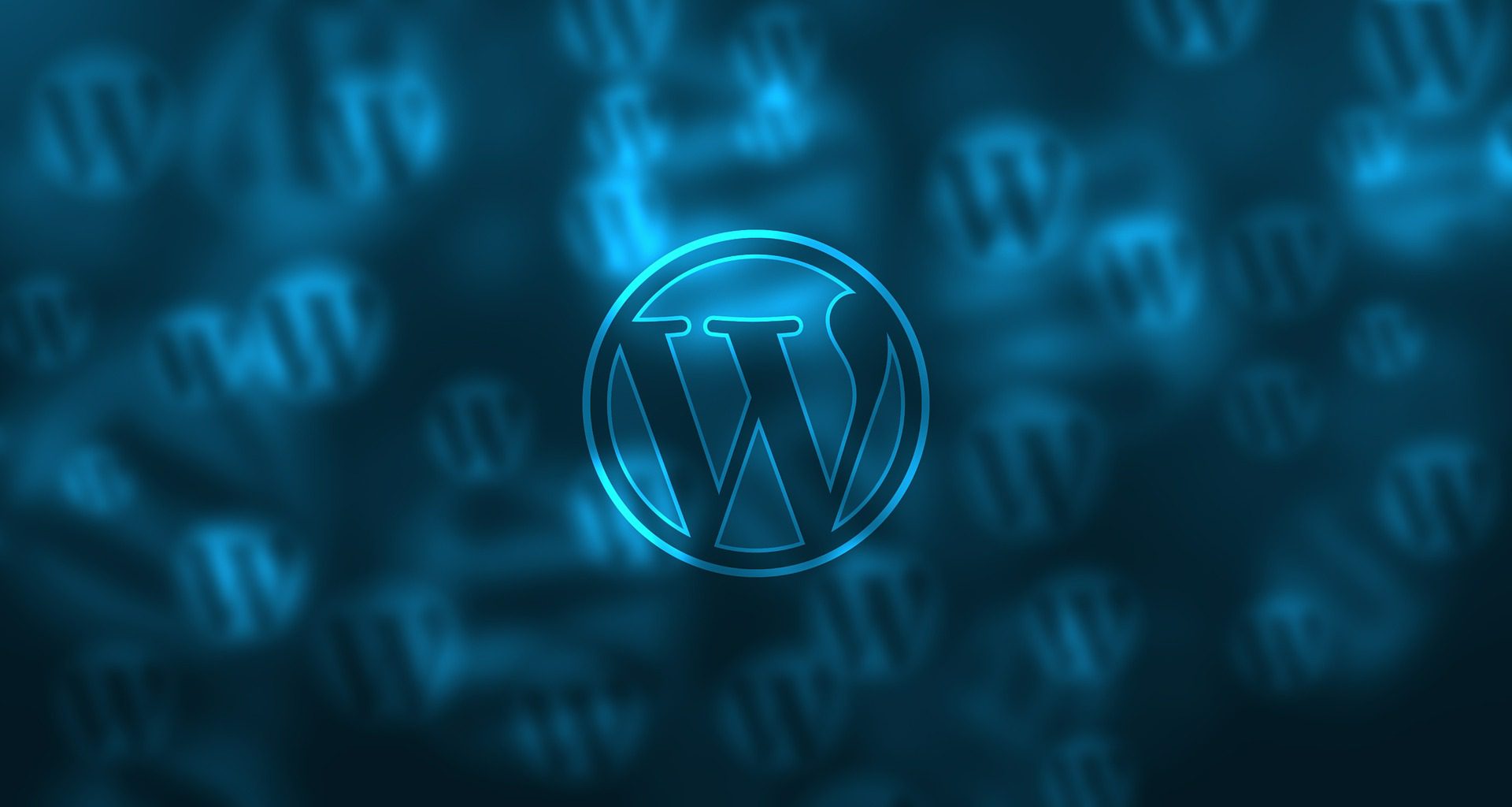 Glowing blue WordPress logo on a dark background with repeated smaller logos.