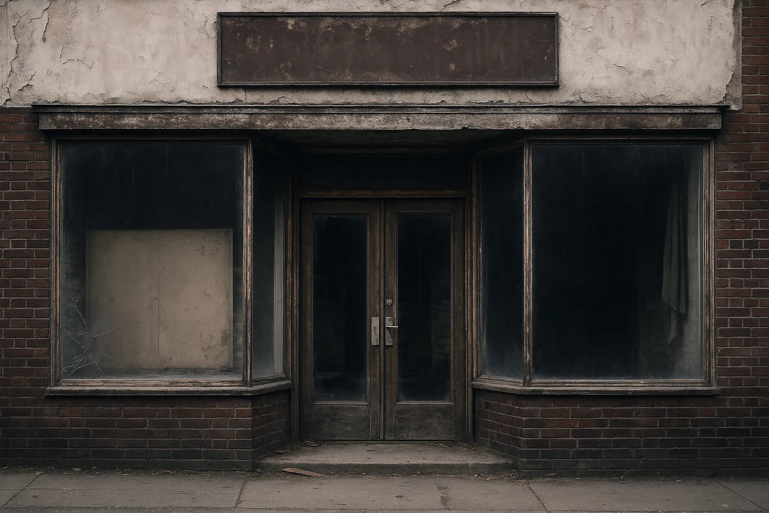 Abandoned shopfront with a brick facade, large windows and wooden double doors showing signs of decay.