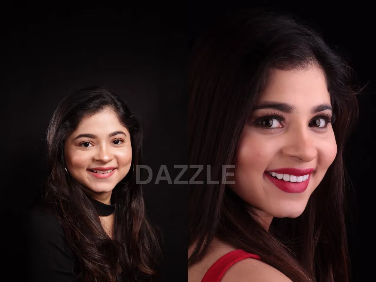 Before and after smile makeover: young woman's smile with brighter, more uniform teeth