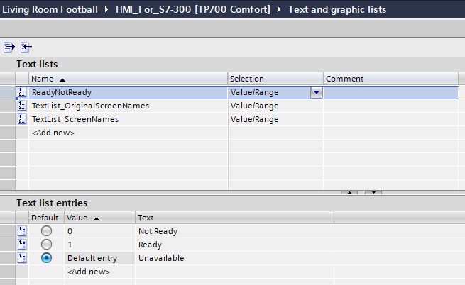 Text and graphic lists screen to define “ReadyNotReady”