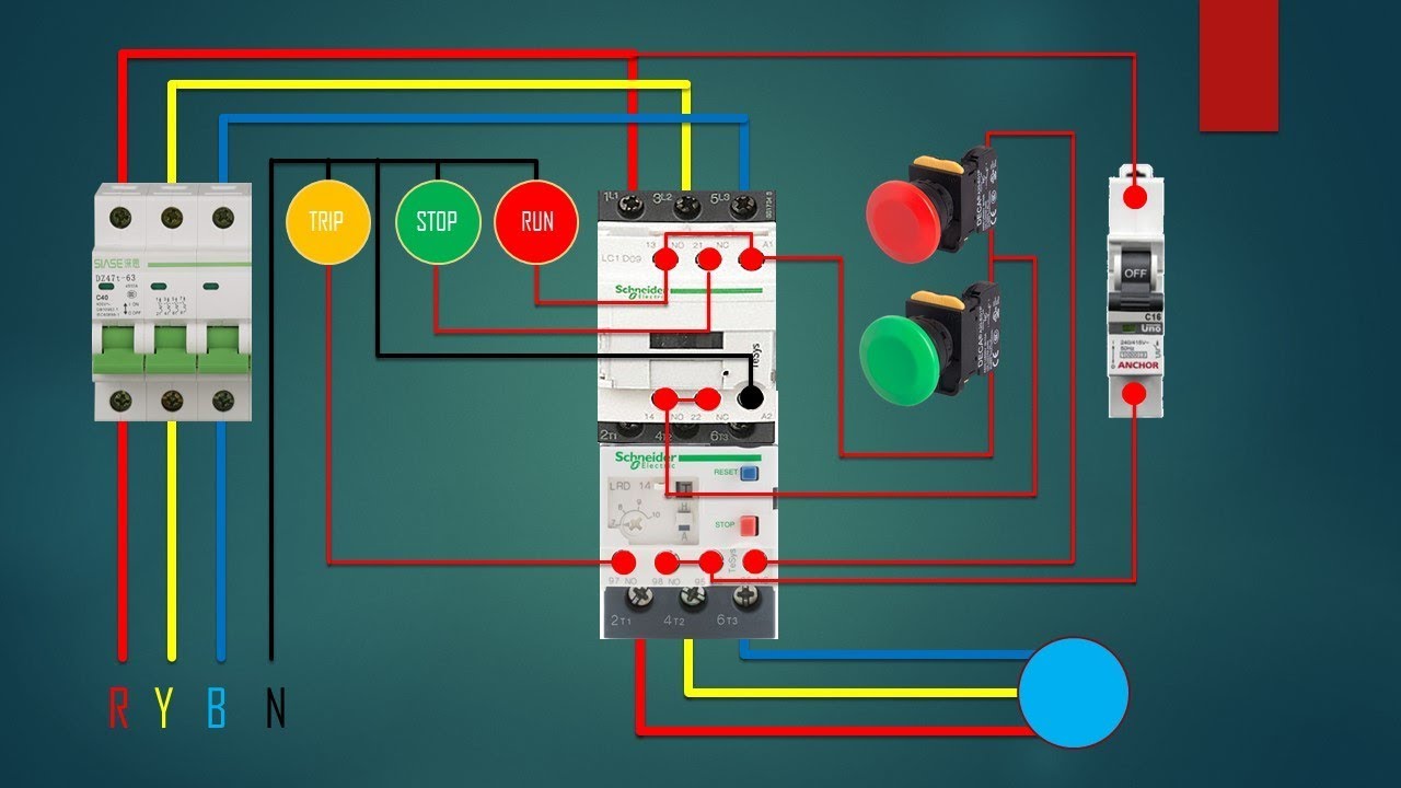 Three Phase Motor Starter Circuit with Push Buttons and Contactor