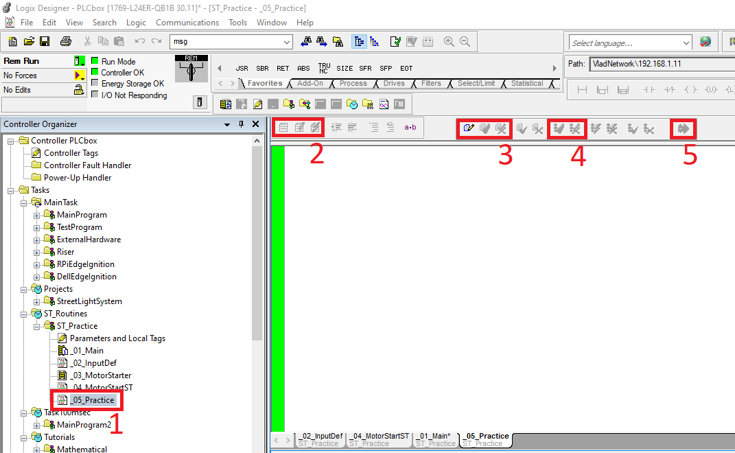 Structured Text programming interface in RSLogix Studio 5000 Allen Bradley Compact Logix PLC