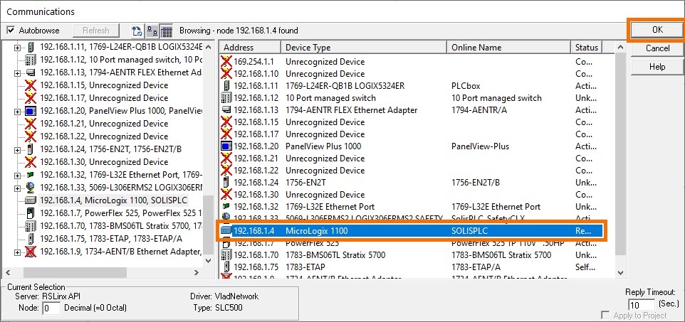 MicroLogix 1100 - RSLogix 500 Communication Online