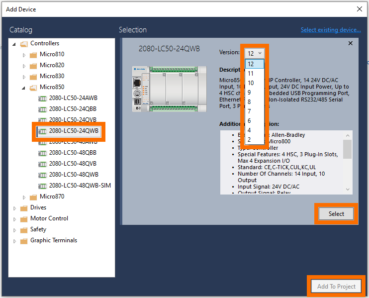 Connected Components Workbench - PLC and Firmware Selection for a New Project