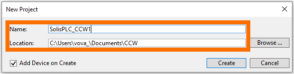 Connected Components Workbench - Project Name and File Location