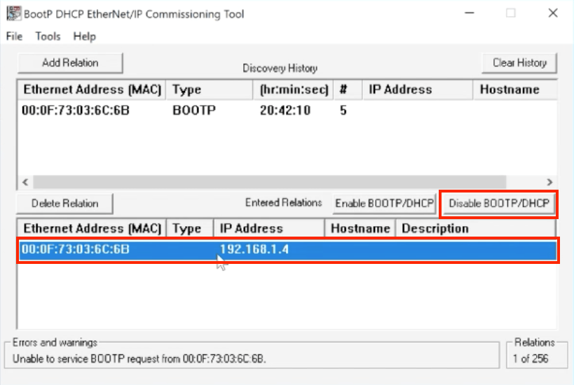 Disable BOOTP / DHCP Setting