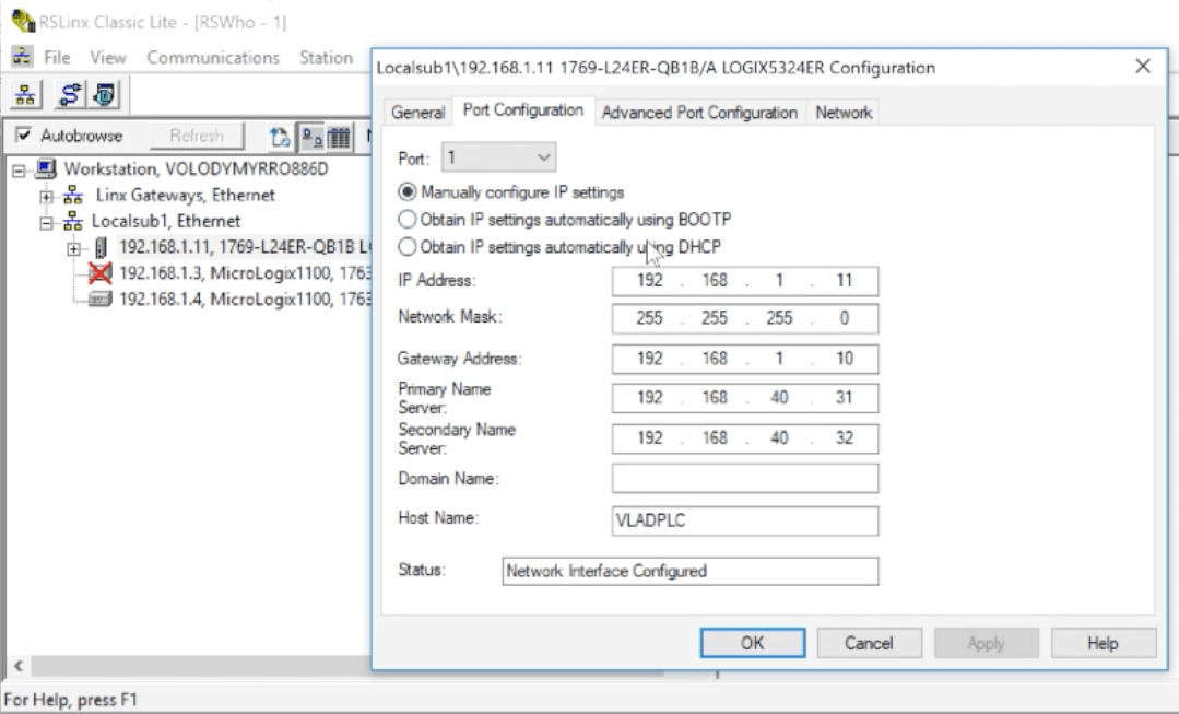 RSLinx BOOTP Settings IP Address