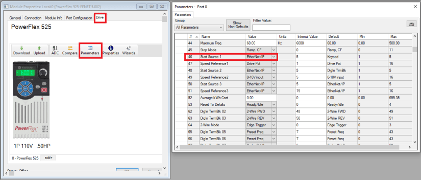 PowerFlex 525 VFD Setup - Programming Parameters Wiring Diagram RSLogix Studio 5000 EtherNet IP Address Start Stop