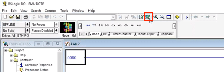 RSLogix 500 Emulator Environment, Going Online, Connecting to PLC