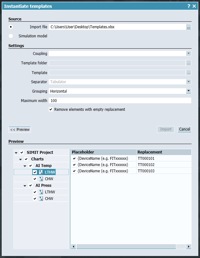 Instantiate Templates window with a preview