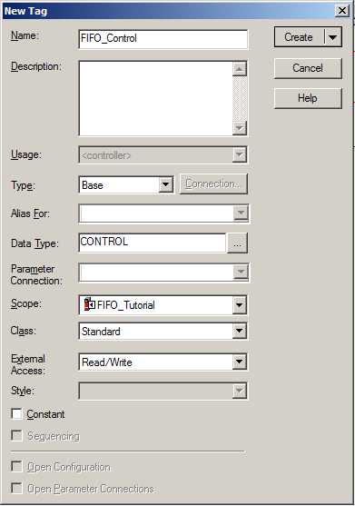 To create the Control tag, open the New Tag box and enter in Data Type CONTROL and give the tag the desired name. In our example, we are calling it simply FIFO_Control.