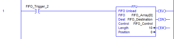 In this line of sample code, a second Trigger contact executes the FFU instruction, which Unloads a value from the FIFO Array.