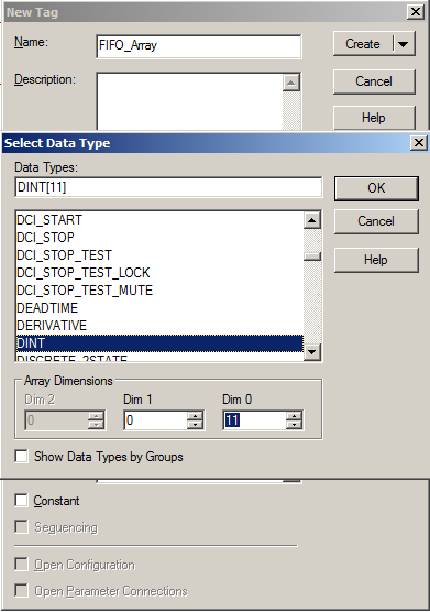 Once the Data Type dialog box is open, enter the number of elements needed for the FIFO Array. In our example, we are putting 11 of Data Type DINT.