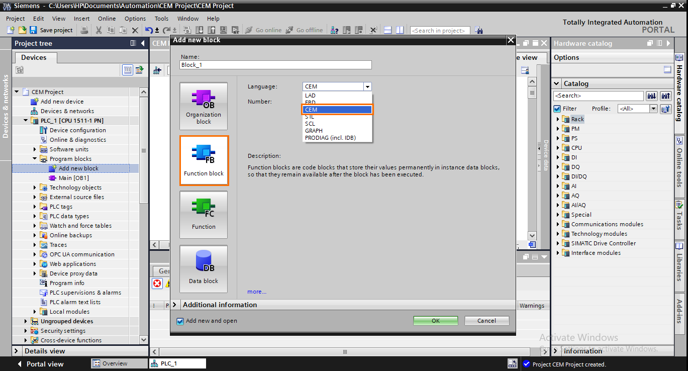 Figure 3 - Siemens PLC Programming | Creation of a New Function Block in TIA Portal