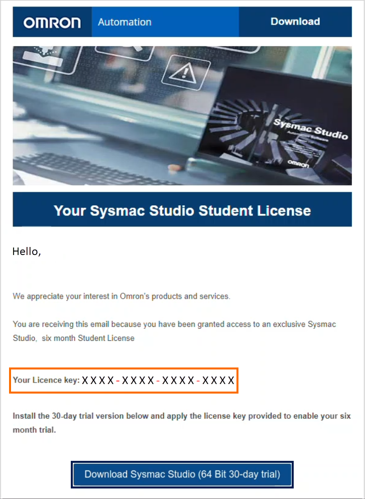 Figure 6 - Omron Sysmac Studio Download | Sysmac Studio "Student Edition" License Key Example