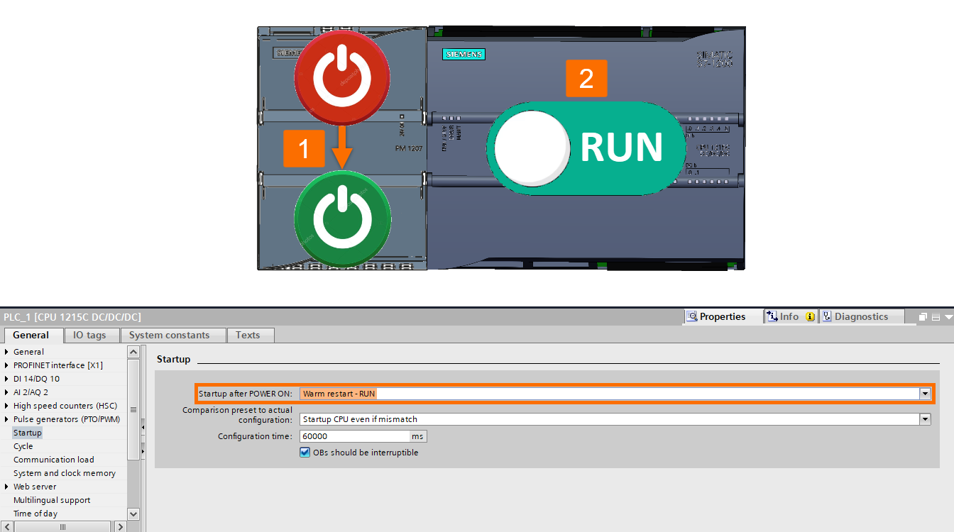 Figure 1.3 - Siemens S7-1200 PLC Configuration | Startup after power on setting - Warm restart (run) option