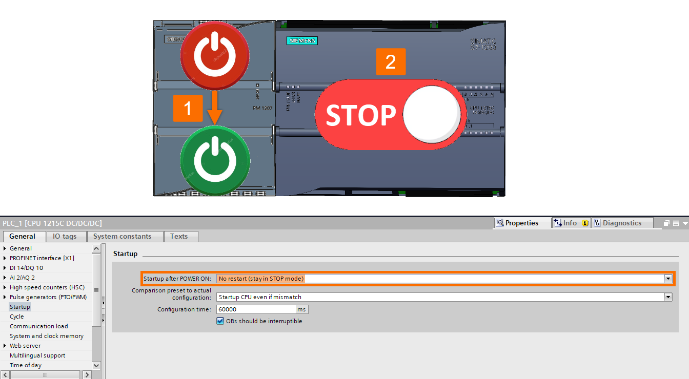 Figure 1.2 - Siemens S7-1200 PLC Configuration | Startup after power on setting - No restart (stay in stop mode) option