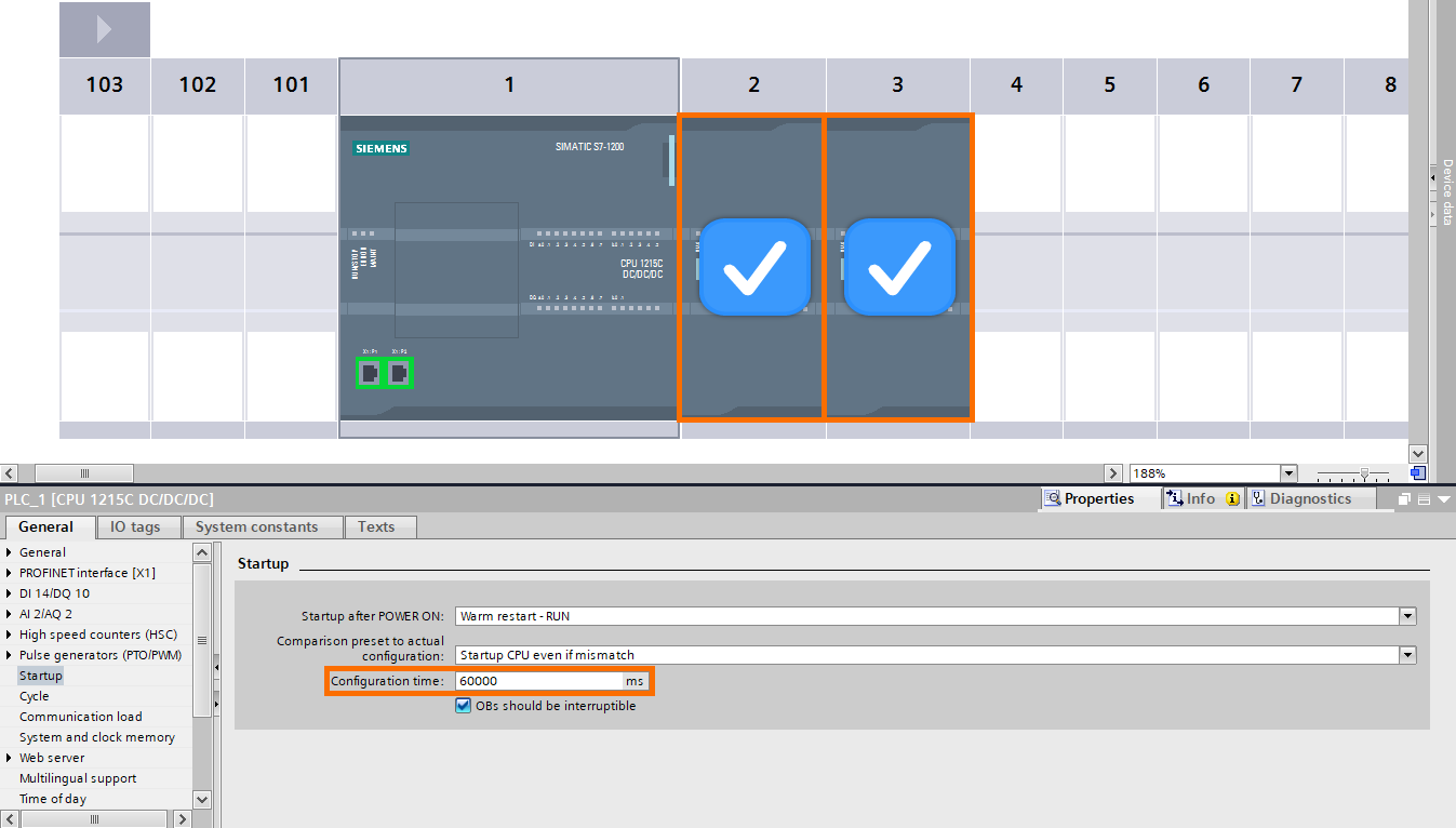 Figure 1.7 - Siemens S7-1200 PLC Configuration | CPU startup setting - Configuration time