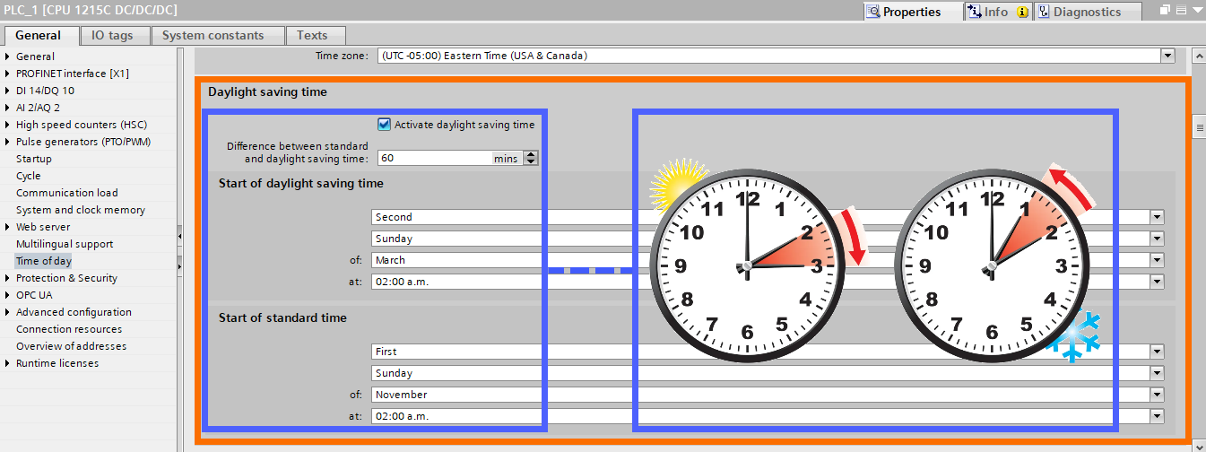 Figure 3.2 - Siemens S7-1200 PLC Configuration | CPU daylight saving time setting